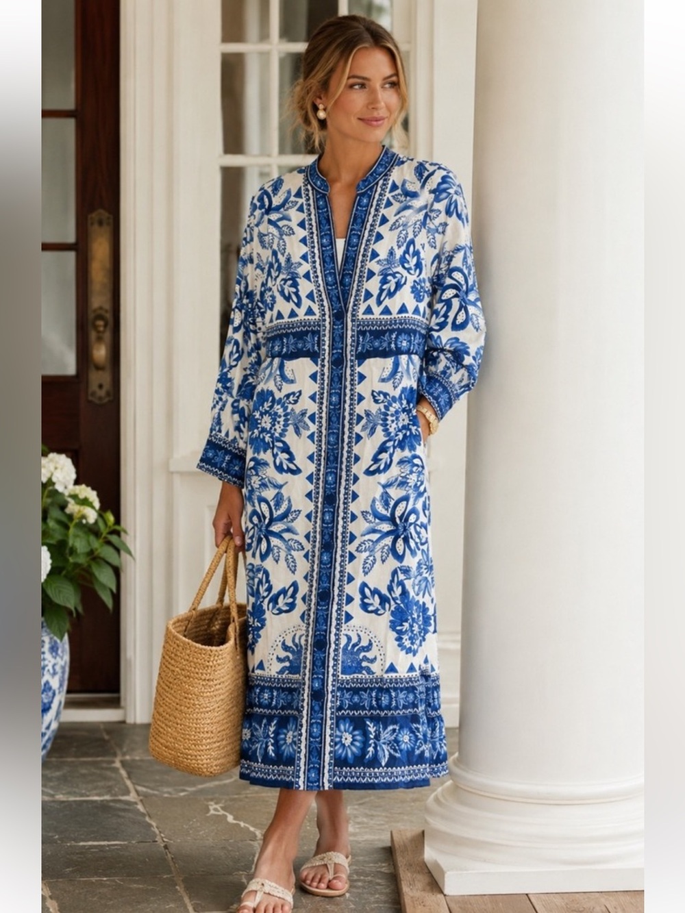 Caroline Constas flora floral tapestry button linen midi maxi dress M (Farm Rio)